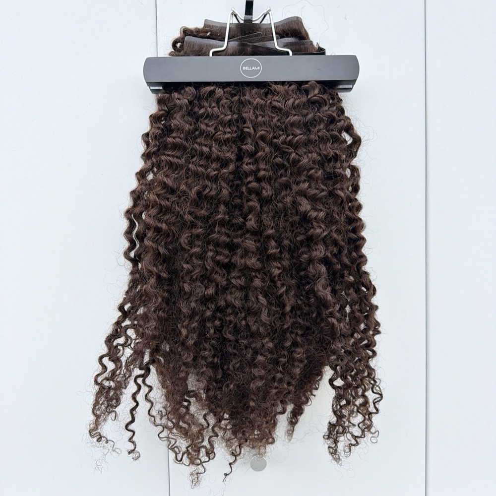 BELLAMI Silk Seam Textured Clip Ins NEW Dark Brown 3C Curl 24" 260g Open Box